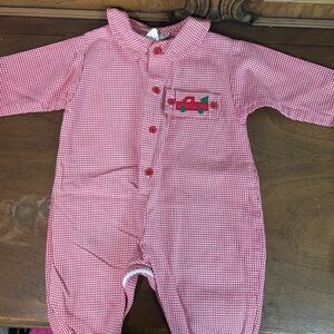 Funtasia too Dallas, Red Checkered Baby Romper w/ Christmas Car Design, Size 9m